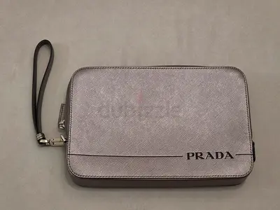 Authentic Prada Silver Saffiano unisex Leather Clutch