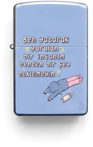 Light Blue Decorative Zippo-Style Lighter with Turkish Text 36