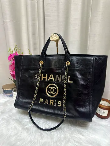 Preloved- Authenticity not Guranteed- Black Chanel-style Leather Tote Bag with Gold Chain Handles