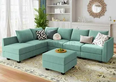 Light Green L-shaped Fabric Sectional Sofa with Ottoman