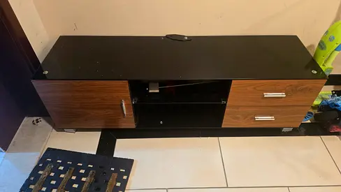 Low TV Console Cabinet with Drawers and Glass Top