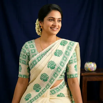 Cream and Green Printed Cotton Set Mundu