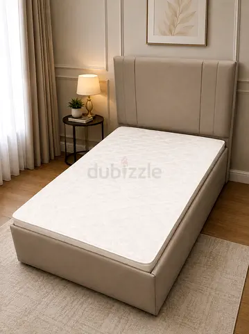 Double upholstered bed frame with mattress - beige, brand new