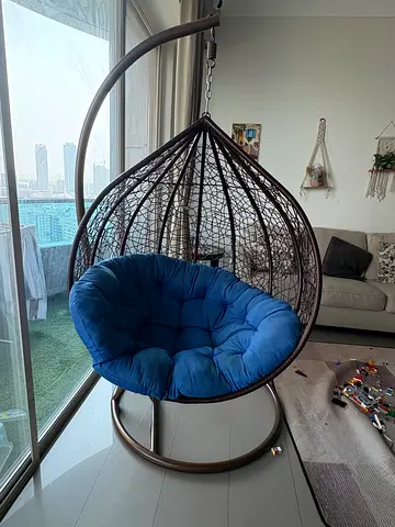 Hanging Egg Rattan Swing Chair with Blue Cushion ; swing