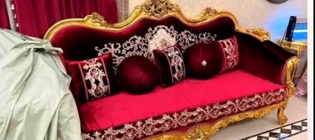 Classic Ornate Gold-Trim Velvet Sofa - Burgundy