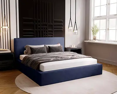 Blue velvet square design queen thick bed frame