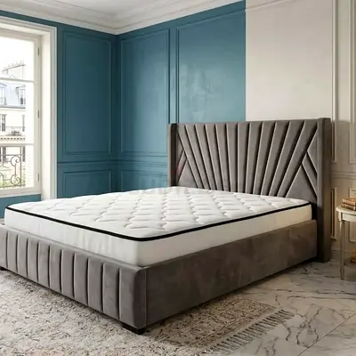 Queen Grey Velvet Upholstered Bed Frame with Headboard