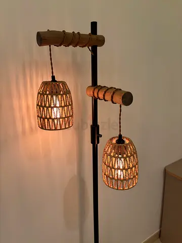 Wooden Floor Lamp with Two Woven Lantern Shades and dimmable light - Warm Ambient Light