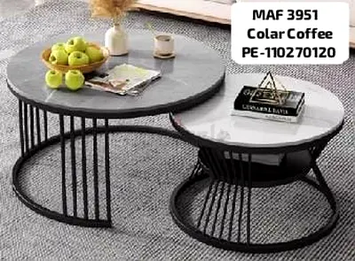Set of 2 Round Nesting Coffee Tables with Marble Tops and Black Metal Base