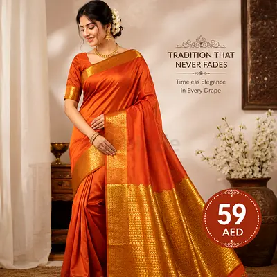 Traditional Orange Silk Saree with Gold Border