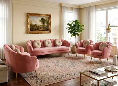 Pink Velvet Sofa and Armchair Set