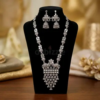 Traditional Silver-tone Elephant Pendant Necklace with Matching Jhumka Earrings