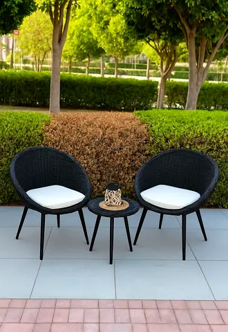 Outdoor 2-Seater Rattan Patio Chairs with Side Table - Black