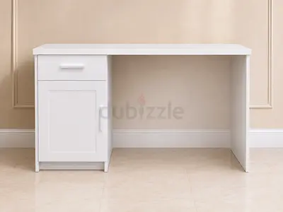 Modern White Study Desk with Drawer and Cabinet