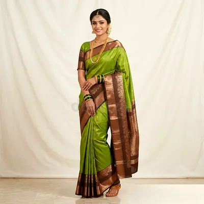 Green Silk Saree with Brown Zari Border