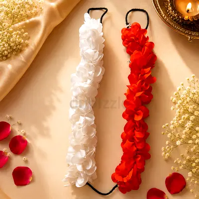 Pair of Floral Hair Garlands (White & Red) - Elastic Band