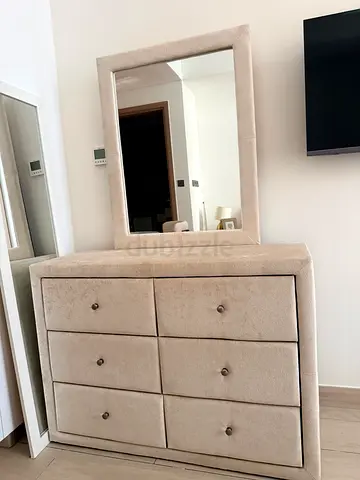 Beige Upholstered Dresser with Mirror - 6 Drawers