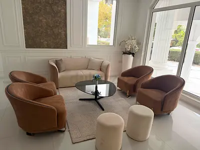 Beige Leather Sofa Set — 3-Seater + 2-Seater with Cushions