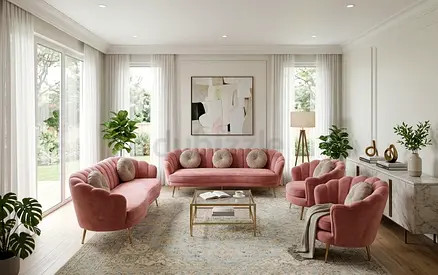 Set of Pink Velvet Sofa and Armchairs — 3+2Seater + 2 Chairs (Good Condition)