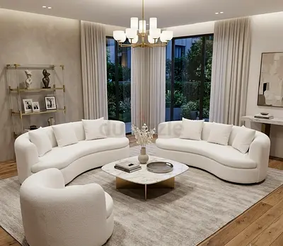 Set of Contemporary Curved White Sofas with Accent Armchair - Like New