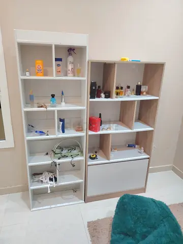 Pair of shelving units - white tall shelf and wood-tone cubby shelf (good condition)