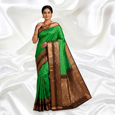 Green Silk Saree with Brown Zari Border