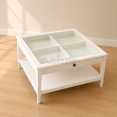 White Coffee Table with Glass Top and Storage Drawer
