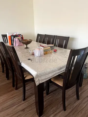 Solid Wood 8-Seater Dining Table with Chairs - Dark Finish