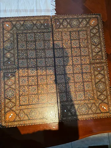 Beautiful authentic handcrafted Damascus marquetry game table with intricate geometric wood and bone
