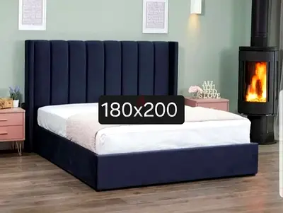 King size upholstered bed frame 180x200 cm - navy blue, storage base