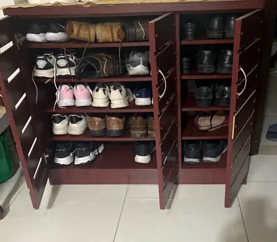 Wooden Shoe Rack - 3-door, multiple shelves, good condition