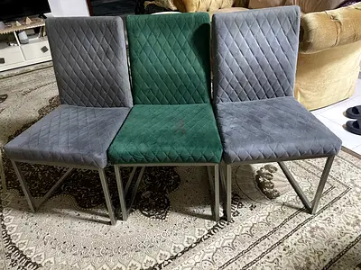 Set of 7 Quilted Dining Chairs set (6 Grey, 1 Green) - Good Used Condition, can be sold separately