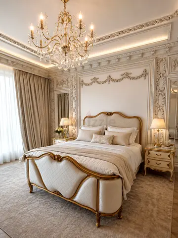 Elegant Classic king Bed with Mattress only - Cream & Gold