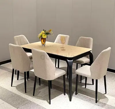 Modern 6-Seater Dining Table Set with Upholstered Chairs