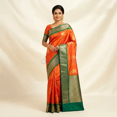 Orange and Green Silk Saree with Traditional Border
