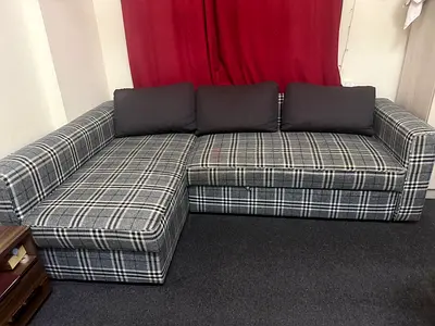 Gray Plaid L-shaped Corner Sofa with Cushions - Good Condition Sofa Cum bed