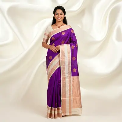 Elegant Purple Silk Saree with Gold Border