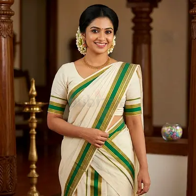 Kerala Kasavu Cotton with Green-Gold Border Set Mundu