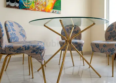 Glass Top Dining Table with Gold Metal Base - Round