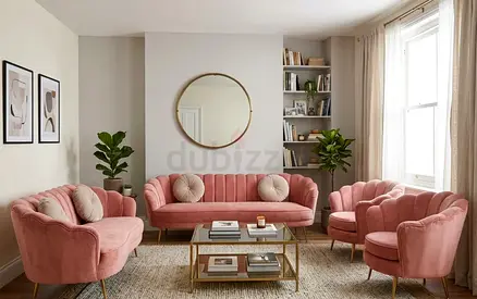 Pink Velvet 3-Piece Sofa Set with Accent Chairs — Good Condition