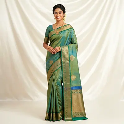 Green Silk Saree with Gold Zari Border