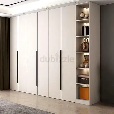 Modern white built-in wardrobe with open shelving (6-door)