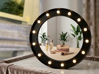 Round LED Lighted Makeup Mirror | Portable Vanity Mirror with Bulbs: 70cm diameter