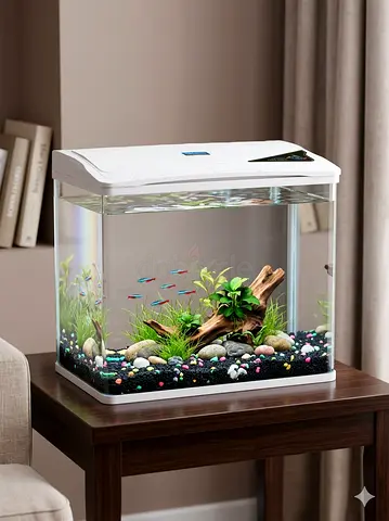 Small desktop aquarium fish tank with most accessories like pebbles, filter and lid etc.