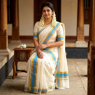 Handloom Kerala Kasavu with Blue-Gold Border Set Mundu