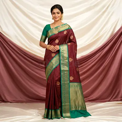 Maroon and Green Silk Saree with Gold Zari Border
