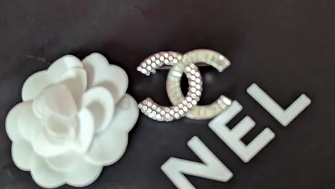 Chanel CC Logo Brooch with Camellia Flower - Silver Tone