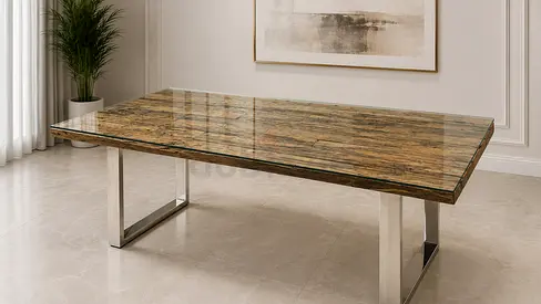 Marina home railway Modern Wooden Dining Table with Glass Top and Metal Legs