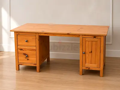 Solid Pine Wood Study Desk with Drawers and Cabinet