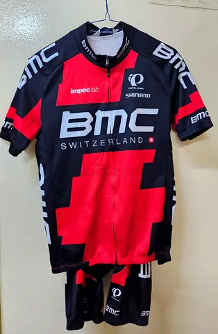 BMC Switzerland branded cycling jersey and bib shorts set (men's) - red/black